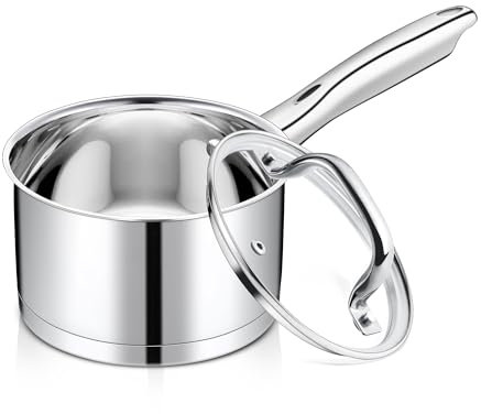 Joyfair Stielkasserolle, 16cm 3-Lagiger Boden Kasserolle mit Glasdeckel, 1,9 Liter Edelstahl Klein Kochtopf für Kochen/Erwärmen/Sieden, Milchtopf Induktion für alle Herdarten, Spülmaschinenfest