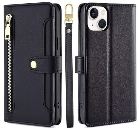Beajew Hülle für Huawei Y5p/Honor 9S mit Trageband, Premium PU Leder Handyhülle mit 6 Kartenfach, Reißverschluss Brieftasche Geldbörse Klapphülle Ständer Schutzhülle-Schwarz
