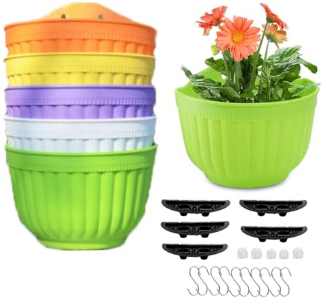 MoFarbe 8.2 Vertical Wall Hanging Planters Pot: Plastic Half Round Flower Pots Container for Railing Fence, 5Pack Indoor Outdoor Balcony Planters Railing Hanging Pots (Colorful)