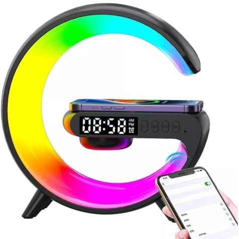Llzzy Smart Atmosphere Lamp, Small LED Night Light Bluetooth Speaker Wireless Charger RGB Alarm Clock for Christmas Birthday Gifts (Black)