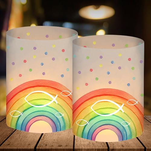 12 Windlicht Tischdeko, Deko Kommunion Mädchen, Fische Regenbogen Deko Konfirmation Taufe Firmung, Erstkommunion Deko, Taufdeko Mädchen, Geeignet für Teelichter oder Kerzen