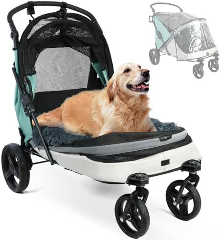RUYICZB Hundewagen Faltbar Klappbar Hundebuggy Für Große Hunde Bis 45 Kg Hundetrolley Mit Regenschutz, Verstellbarer Griff Und Sichtbarem Netz, Katzenbuggy Für Große Und Mittelgroße Hunde