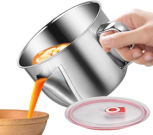 Brocca separatore di grasso, ciotola per filtro grasso in acciaio inossidabile, ciotola per zuppa di separazione del grasso con coperchio e manico, utensili da cucina per sugo olio zuppa grasso olio