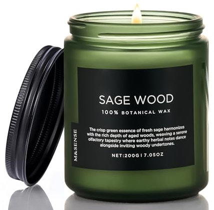 M&SENSE Bougie Parfumées au Bois de Sauge Apaisant, bougie 200g 50h combustion, 2 mèches cadeau femme - arôme boisé pour concentration, bougies bureau