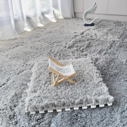 10 Pack Carpet Squares Puzzle Mat 30x30x1cm Plush Interlocking Carpet Tiles,Soft Fluffy Floor Protective Mat Shaggy Area Rug for Bedroom (Grey)