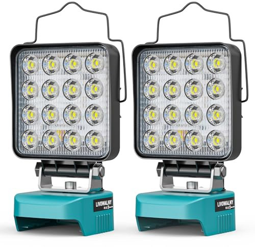 LIVOWALNY 2 Pezzi Lampada LED a Batteria Compatibile con Makita 18V, 48W – Faro da Cantiere con Doppio Interruttore e Porte USB-C/USB, Ideale per Garage, Campeggio e Officina (senza batteria)