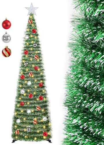 SINTENILL 5 FT Pop Up Christmas Tree with Timer Lights and Decorations, Green Tinsel Artificial Christmas Tree with 24 Balls Ornaments, Collapsible Pencil Tree for Xmas Home Office Party Decor