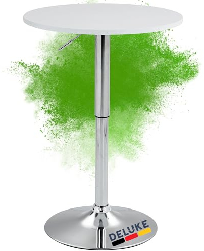 DELUKE® 2in1 Stehtisch Höhenverstellbar Ø 60cm Cheri - 106cm Hoch, Metall Gestell | Bistrotisch Gastro Bartisch Rund Wetterfest Outdoor Indoor Camping Bistrotisch Balkonmöbel, Weiß-Silber