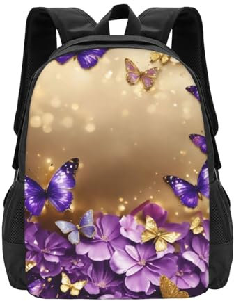 LEVNDIEJ Sac à dos décontracté avec imprimé papillon violet grande capacité pour ordinateur portable 15
