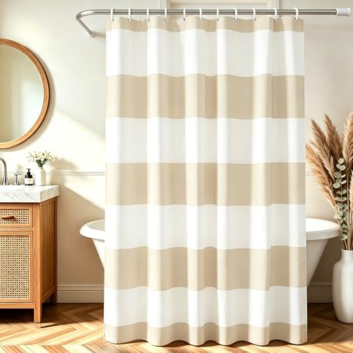 Lerores Duschvorhang 160x180 cm Beige Streifen, Beschwerter Saum Antischimmel Textil, Wasserabweisend, Waschbar Polyester Badevorhänge mit Ösen und 12 Duschvorhangringe für Badezimmer, Badewanne