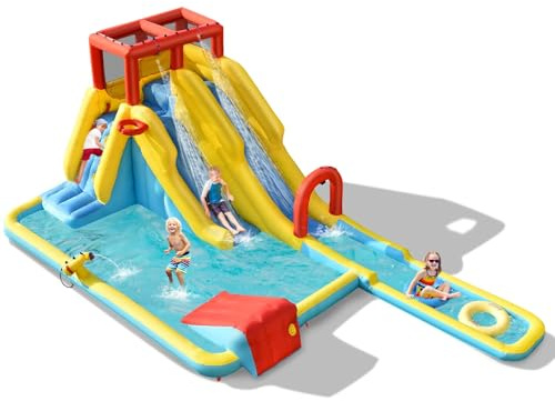 FANTASK Bouncy Castle with Carry Bag, Swimming Rings, Inflatable Basketball and Repair Kit Water Slide, Outdoor Water Park Including Water Gun, Climbing Wall & Basketball Hoop