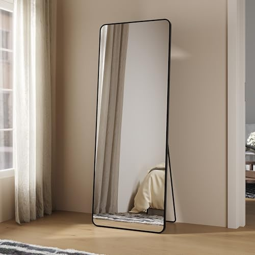 SUNXURY Standspiegel Ganzkörperspiegel 160x60cm, Rechteckiger Wandspiegel Schwarz Rahmen aus Aluminiuml, Abnehmbarer Ständer, kippsicher, 2 Installationsmethoden, Groß Spiegel für Schlafzimmer