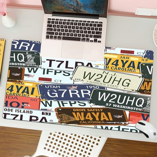 QRFASFZO Mouse Pad 31.5 × 12 inch Extended Large Mouse Mat Desk Pad, Stitched Edges Mousepad,Non-Slip Rubber Base,Retro license plate collage with weathered names and numbers from,Gaming Mouse Pad XL
