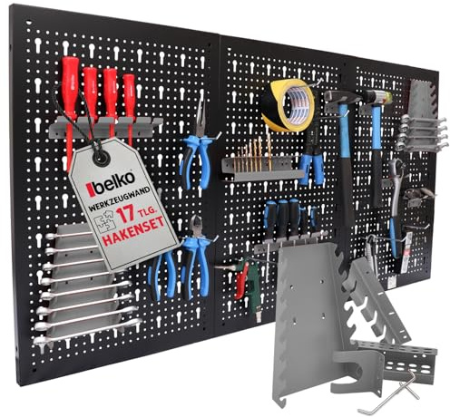 Belko® Werkzeugwand Grau 120x60 cm inkl. 17-teiligem Haken & Regal Set | Lochwand Metall mit Werkzeughalter | Pegboard Stecksystem für Werkstatt, Garage & Keller | Werkzeug Regal Organizer