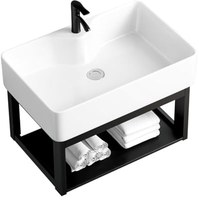 Fregadero de baño montado en la pared, lavabo rectangular de cerámica con soporte y kit de drenaje, fregadero flotante para lavadero y garaje