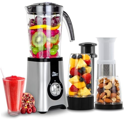 Uten 5-in-1-Entsafter, 1,25 l, multifunktionaler Mixer, Schneebesen, Saftpresse, Mühle mit Klingen aus Edelstahl 304, BPA-frei, spülmaschinenfest, inkl. 3 Tassen