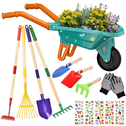 JONRRYIN Set de Jardinería con Carretilla, Herramientas y Guantes para Niños - Incluye Pala, Rastrillo y Accesorios, Carretilla de Jardín, Juego de Exterior para Pequeños Jardinería (Verde)