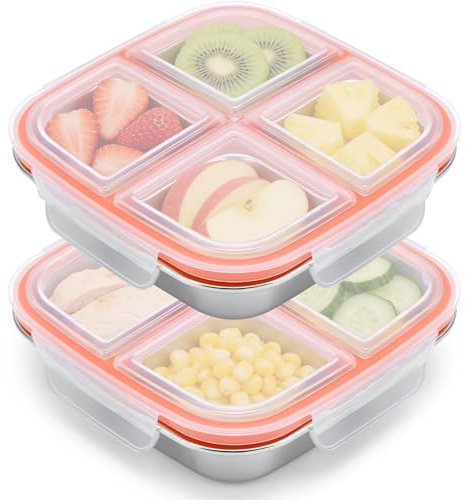 QGGTQG Snackbox mit 4 Fächern Edelstahl Brotdose 600ML Leckdichte Snackdose | 2 Stück, Wiederverwendbare Brotdose Kinder Metall Lunchbox mit Deckel für Obst, Gemüse, Fleisch, Süßigkeiten, Nüsse (Weiß)