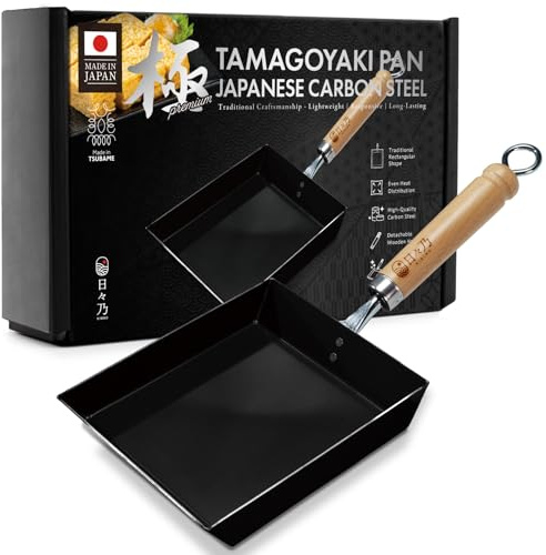 HIBINO Tamagoyaki Carbon Steel Pan | Made in Japan | Nonstick, Even-Heating, 30% Lighter Design | Japanese Egg Pan with Detachable Wooden Handle | for Bento, Breakfast & Everyday Cooking