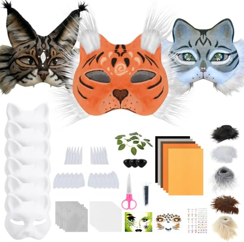 KISPATTI DIY Therian Mask Set, 6 Stück Katzenmaske zum Bemalen mit für Kinder Erwachsene, Kunstpelz, Augennetz, Ohrformen und Filztuch, unbemalt Masken für Maskerade, Cosplay, Halloween, Karneval