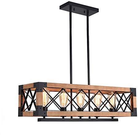OYIPRO Pendant Lamp Wood, 5-Light Chandelier Light, Kitchen Island Lighting Dining Table Lamp,E27 Base Adjustable Height, for Kitchen, Dining Room, Restaurant, Bar