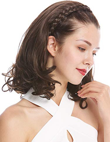 WIG ME UP - TYW60876H-6 Halbperücke Haarteil edel geflochtener Haarreif schulterlang 45 cm gelockte Spitzen Braun
