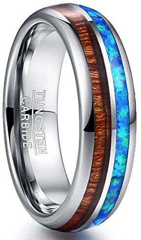 NUNCAD Damen Herren Ring 6mm aus Wolfram Silber mit Opal Blau + Koa Holz für Hochzeit Ehe Partnerschaft Party Alltag Größe 65.0 (20.7)