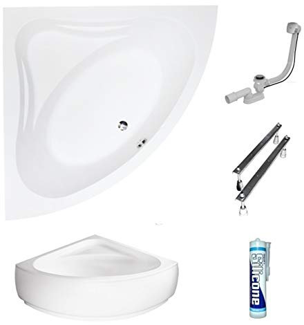 ECOLAM Baignoire d'angle symétrique Mia 140x140cm + tablier | pieds siphon silicone | Belle forme | Set complet