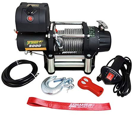 Elektrische Seilwinde Kangaroo Winch (früher PowerWinch) 8000lbs 12V 3628 kg Stahlseil Funkfernbedienung 4x4 Pannenhilfe