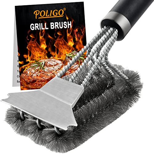 POLIGO Cepillo y Raspador De Parrilla De Mango De Lujo - El Mejor Cepillo De Limpieza De Barbacoa - Cepillo De Barbacoa De Alambre De Acero Inoxidable Seguro para Parrillas De Carbón Infrarrojo a Gas