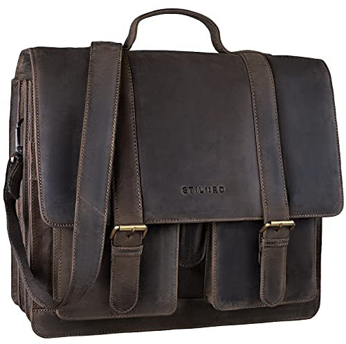 STILORD 'Marius' Sac de Professeur d'Enseignant en Cuir Sac d'École Grand Porte-Documents d'affaires Épaule Compartiment pour PC Portable, Couleur:Marron - foncé