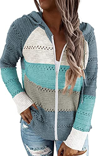 GOLDPKF Pullover Damen Elegant Wintermantel Damen Trainingsanzug Damen Sommer Langarmshirt Damen Hoodies Hohler Pullover Gestreift Farbanpassung Sweatshirt Hoodie Top Blau M 40-42