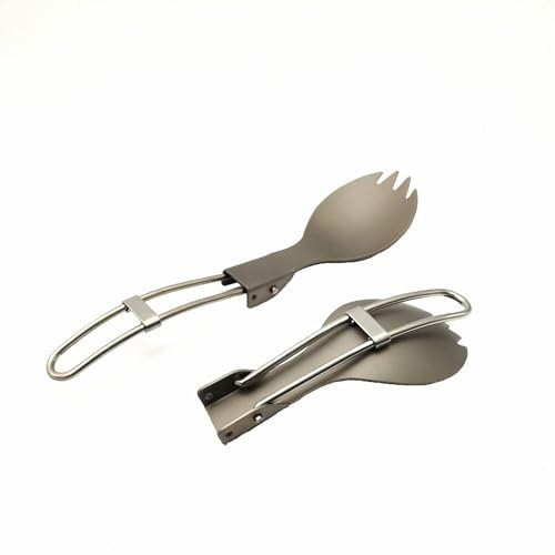 RISON-Titanium Folding Spork Ultra Light and Premium Quality 2PCS Camping Silver Spork Folding Handle for Camping Backpacking Hiking Fishing or other Outdoor Activities