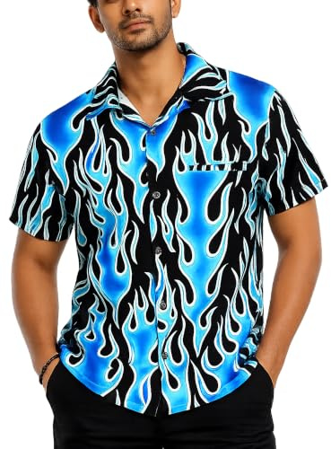 King Kameha Hawaiihemd Herren Kurzarm - Grünes Hawaii Hemd Männer Flammen - Hemd Herren Kurzarm Hawaii Outfit - Hawaiian Shirts for Men - Flames, Blue, 6XL