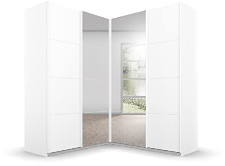 Rauch Möbel Quadra Schrank Eckschrank Schwebetürenschrank, Weiß, 4-trg. mit Spiegel, inkl. 2 Kleiderstangen, 12 Einlegeböden, 3 Schubkästen, BxHxT 181x210x187 cm