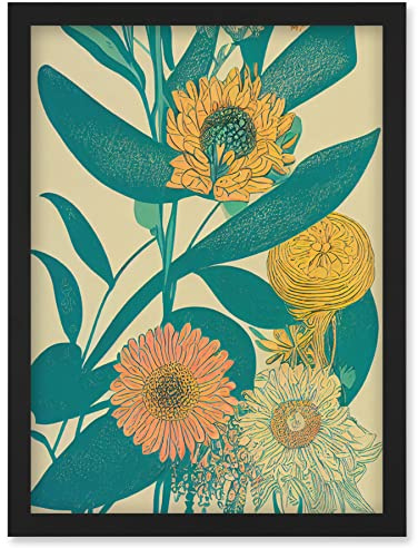 Wee Blue Coo Marigold Daisy Flowers Turquoise Leaves Bright Colourful Abstract Artwork Framed Wall Art Print A4