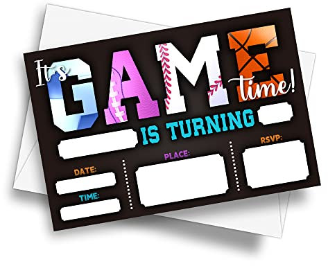 DETIHO E03 Einladungskarten mit Umschlägen, Motiv It's Game Time, für Basketball, Fußball, alle Sterne, 20 Sets
