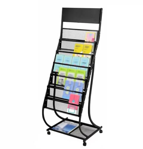 zeitungsständer 7-stöckiger Zeitungsständer Für Den Boden, Prospektständer Aus Eisen Mit Rollen, Leicht Zu Bewegender Zeitschriftenständer Für Büro, Einzelhandel, Messeausstellungen ( Color : Black ,