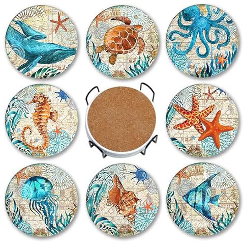 Coasters for Drinks, Round Absorbent Ceramic Stone Coasters with Cork Base, Funny Drink Coasters with Holder for Cold Drinks Wine Mugs and Cups Tabletop Protection, 4 Inches (Blue Set of 8)