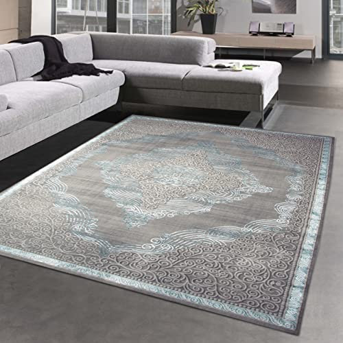 CARPETIA Orient Schlafzimmerteppich prachtvoll verziert • Eingang Flur • in türkis-Silber glänzend, 120 x 170 cm