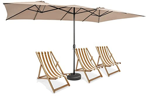 GOPLUS Parasol de Jardin Exterieur 4,3X2,6M, Parasol Double en Tissu avec Revêtement, avec 10 Nervures, Protection Solaire, Grand Parasol pour Terrasse Marché Fête Plage, Base Non Incluse (Brun)