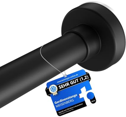 MEISENBERG Klemmstange für Gardinen, Schwarz, Ø25mm, 1 Stück | Werkzeuglose Montage, Rostfrei & Rutschfest - Spannstange für Fenster, Tür, Bad, Dusche, Schrank, Balkon - 50-80 cm