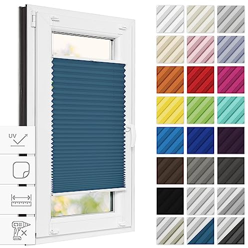 Estika Thermo Plissee zum Kleben verdunkelung 40 cm x 200 cm - Blackout: Dunkles Türkis-Weiß - Klebeplissee, Plissee ohne Bohren, Plisees ohne Bohren Blickdicht, Verdunklungsplissee