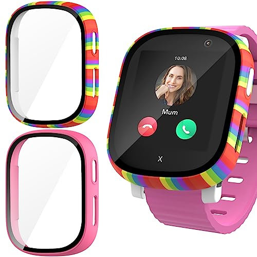 Jvchengxi Matt Schutzhülle für XPLORA X6 Play mit Gehärtetes Glas Displayschutz, 2 Stück Hart PC Stoßfeste Hülle HD Kratzfeste Schutzfolie Gehäuse für Mädchen/Jungen (Rosa+Regenbogen)