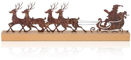 Soaoo Weihnachtstischdekorationen Metall Weihnachten Weihnachtsmann Schlitten Dekor mit Holzsockel Rustikale Weihnachtsdekoration Weihnachtsmann Schlitten Dekorationen für Zuhause Rustikaler Tisch