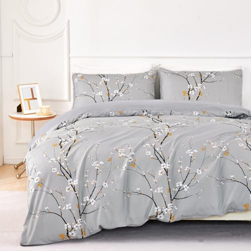 Jemiipee Set Housse de Couette à Motif Fleurs et Branches 200x200 cm 1 Personne et 2 x Taies d'oreiller 65x65 cm Parure de Lit Floral Microfibre Moderne avec Fermeture Eclair, Gris