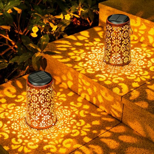Farolillos Solares Exterior, Moman 2 Pcs Linterna Solar Exterior Jardin Decorativo Colgantes con Luz Fría/Cálida Lámparas Solares 1600mAh Impermeable IP55(Retro), Farolillo-Solar-Exterior-Jardín-Luz