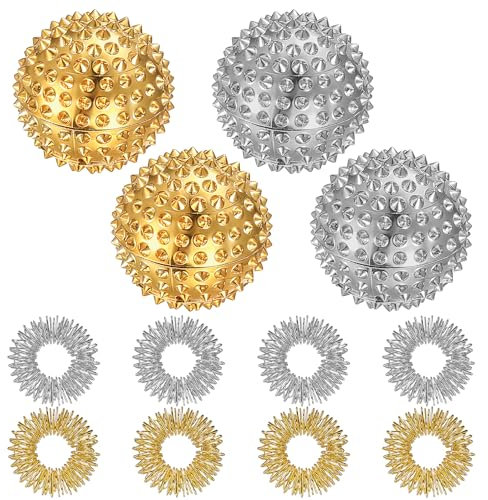 4 Igelball Massageball&8 Akkupressurringe, Magnetische Igelbälle, Akupressur Ringe Set, Skills Borderline Set,Akupressurring Finger Massageringe,Magnetic Igelball für Stressball Relief(Gold, Silber)
