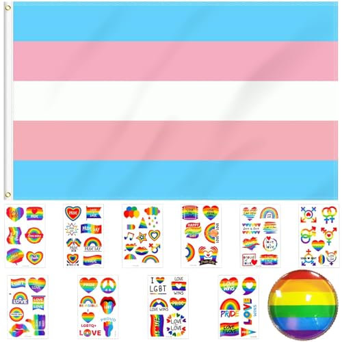 Mbsomnus Trans Flagge Set - 150x90cm Flag, 75 Stück Pride Sticker, Pin - LGBT Transgender für LGBTQ+ Party Parade Karneval Festival Internationaler Tag Gegen Homophobie