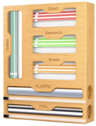 Generic Folienschneider, Alufolienspender und Frischhalte Kompatibel 13, Wandmontage 6 in 1 Frischhaltefolienspender, Küche Folienspender Schublade Aus Bambusmaterial, für Küche und Schubladen